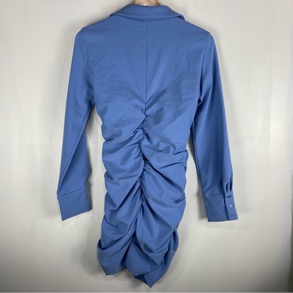 Zara Ruched Draped Fitted Full Button Up Down Blue Mini Shirt Dress Medium (NWT) - Picture 5 of 5